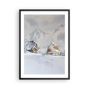 Poster în ramă neagră - Peisaj de iarnă cu o căsuță și un car cu fân în munți - 50x70cm - Într-o vale înzăpezită - Decorațiune modernă pentru perete pentru living și dormitor ARTTOR