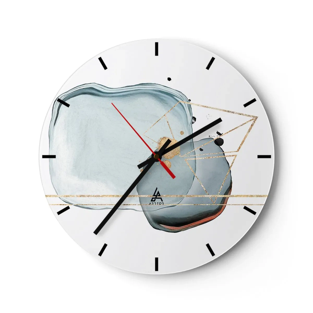 Ceas de perete - Ceas pe sticlă - Compoziție abstractă în nuanțe de albastru și auriu - 30x30cm - Studiul picăturii - Decorațiune modernă pentru perete pentru living, bucătărie și dormitor ARTTOR
