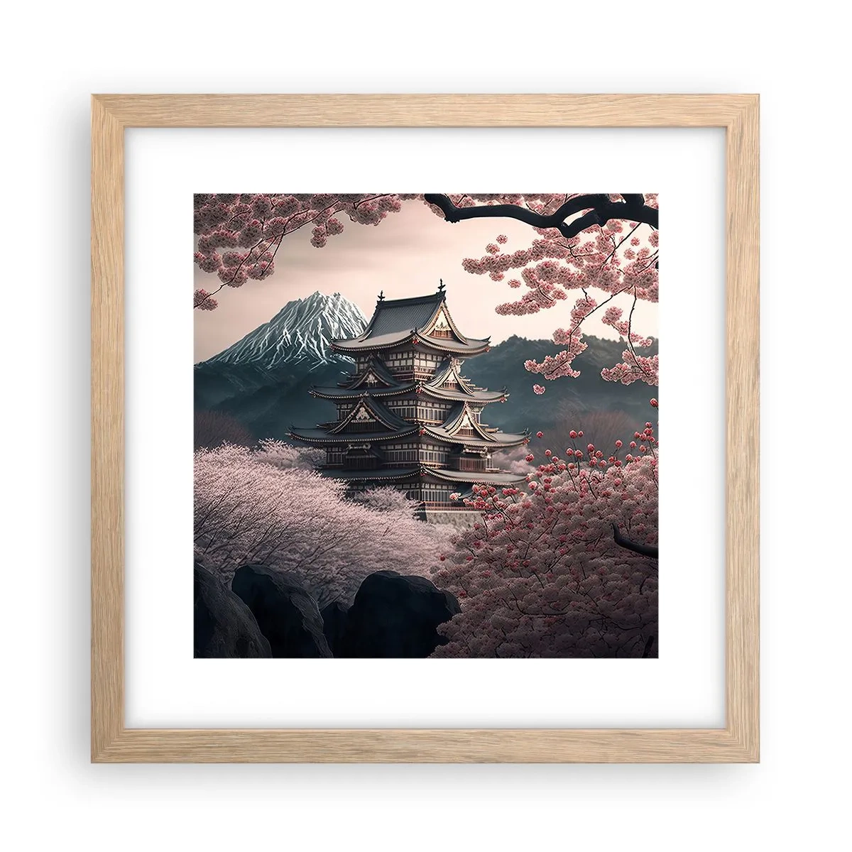 Poster în ramă de stejar deschis - Țara florilor de cireș - 30x30 cm