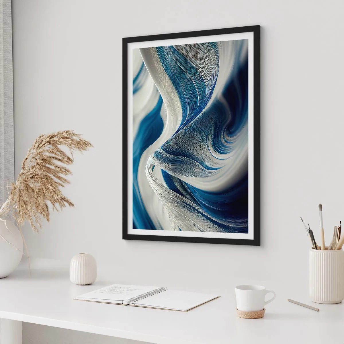 Poster în ramă neagră - Valuri abstracte în nuanțe de albastru marin și alb - 50x70cm - Fluiditate de albastru și alb - Decorațiune modernă pentru perete pentru living și dormitor ARTTOR