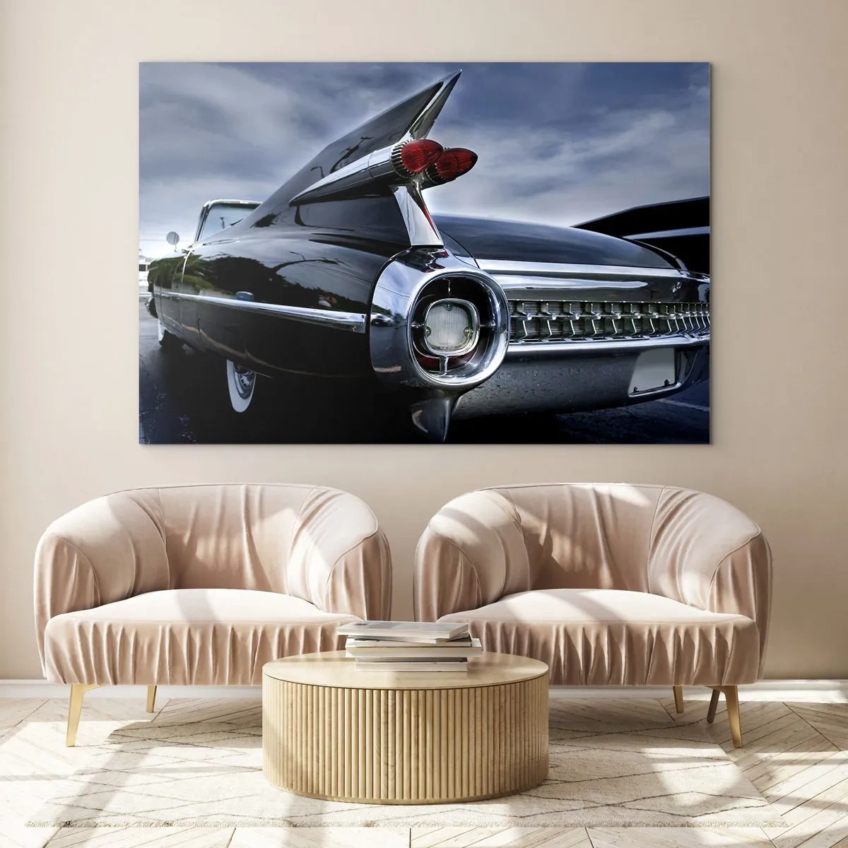 Tablou pe sticlă - Stopuri elegante pentru mașini clasice, vopsite în negru lucios - 70x50cm - De aceea este frumos! - Decorațiune modernă pentru perete pentru living și dormitor ARTTOR