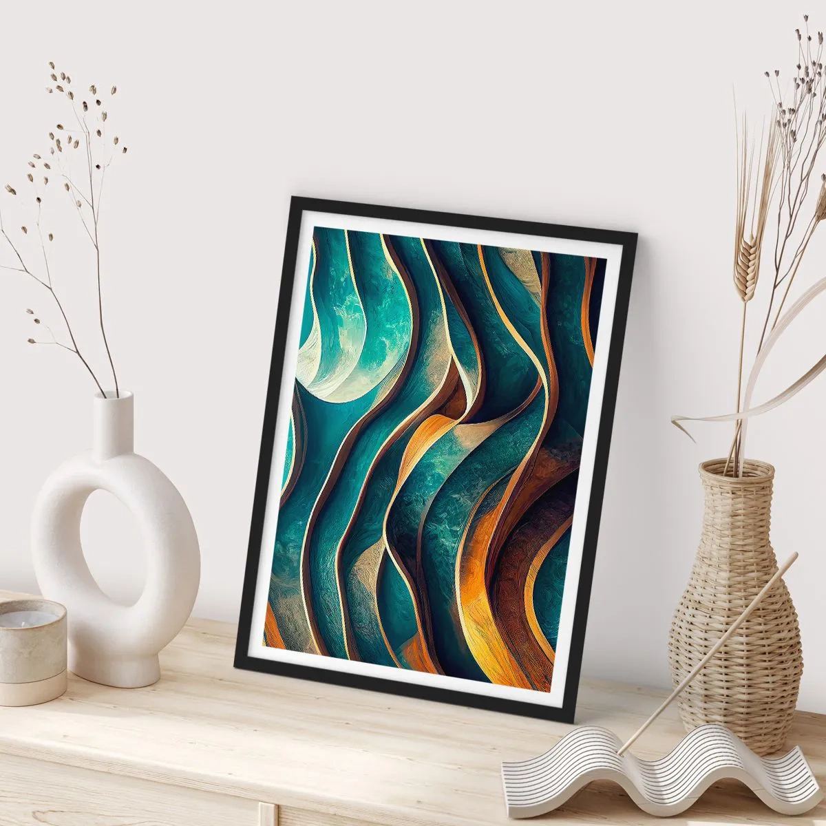 Poster în ramă neagră - O compoziție abstractă de forme ondulate în nuanțe de turcoaz. - 50x70cm - Meandre de albastru - Decorațiune modernă pentru perete pentru living și dormitor ARTTOR