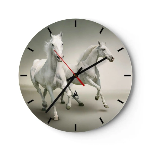 Ceas de perete - Ceas pe sticlă - Doi cai albi alergând pe un fundal luminos - 30x30cm - White power! - Decorațiune modernă pentru perete pentru living, bucătărie și dormitor ARTTOR