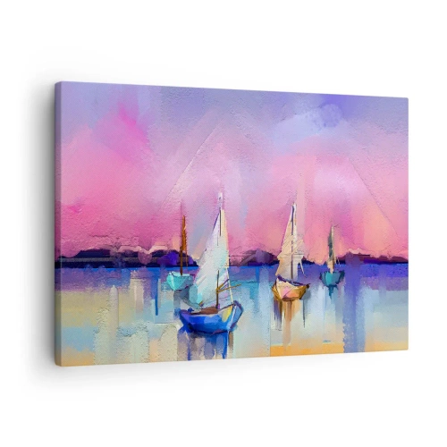 Tablou pe pânză Canvas - Bărci cu pânze pe o mare calmă în culorile pastelate ale apusului - 70x50cm - Direcția: ape largi - Decorațiune modernă pentru perete pentru living și dormitor ARTTOR
