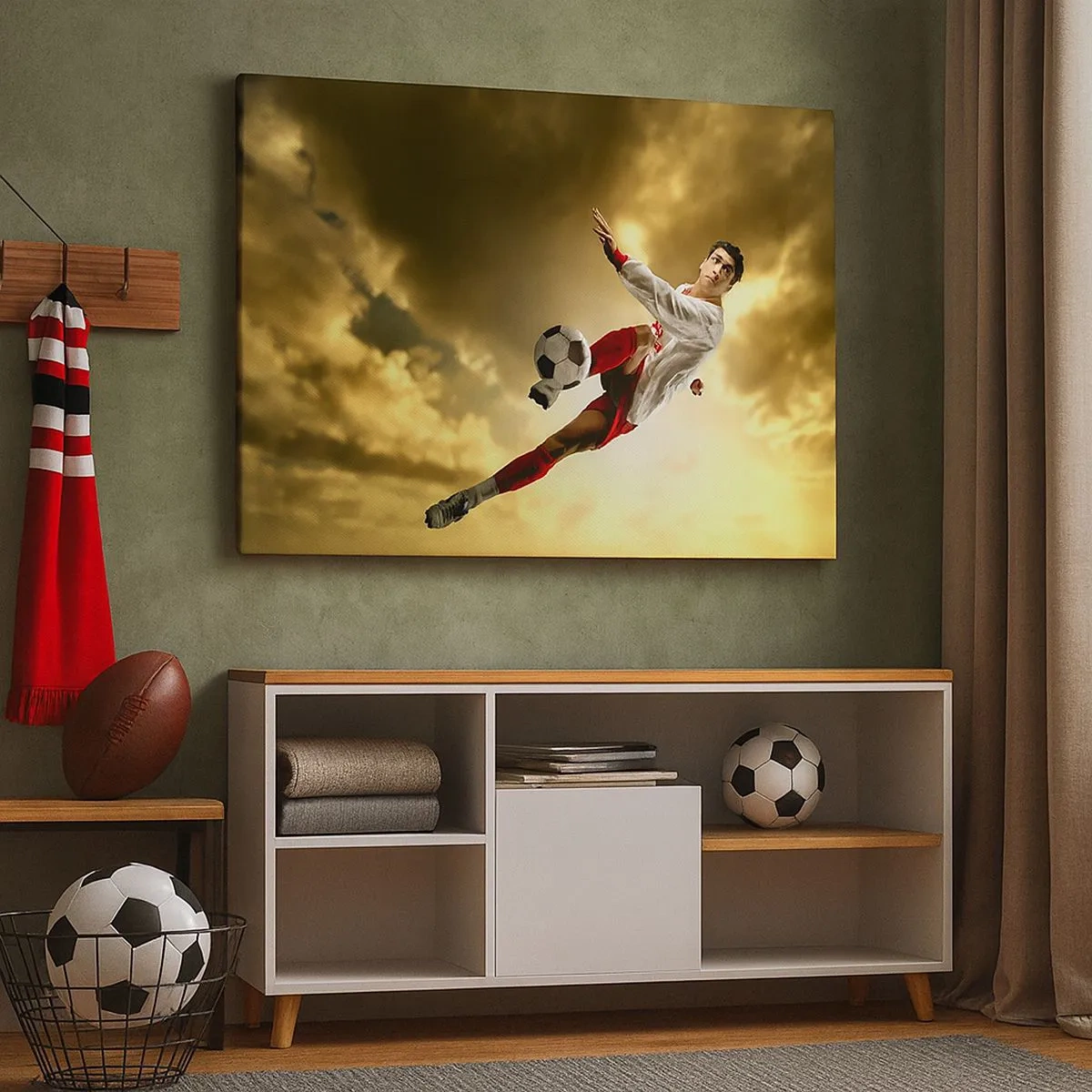 Tablou pe pânză Canvas - Un jucător de fotbal într-o săritură dinamică lovind mingea spre cer - 70x50cm - Cerul fotbalului - Decorațiune modernă pentru perete pentru living și dormitor ARTTOR