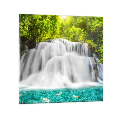 Tablou pe sticlă - O cascadă spumoasă de la verde la azur - 30x30 cm
