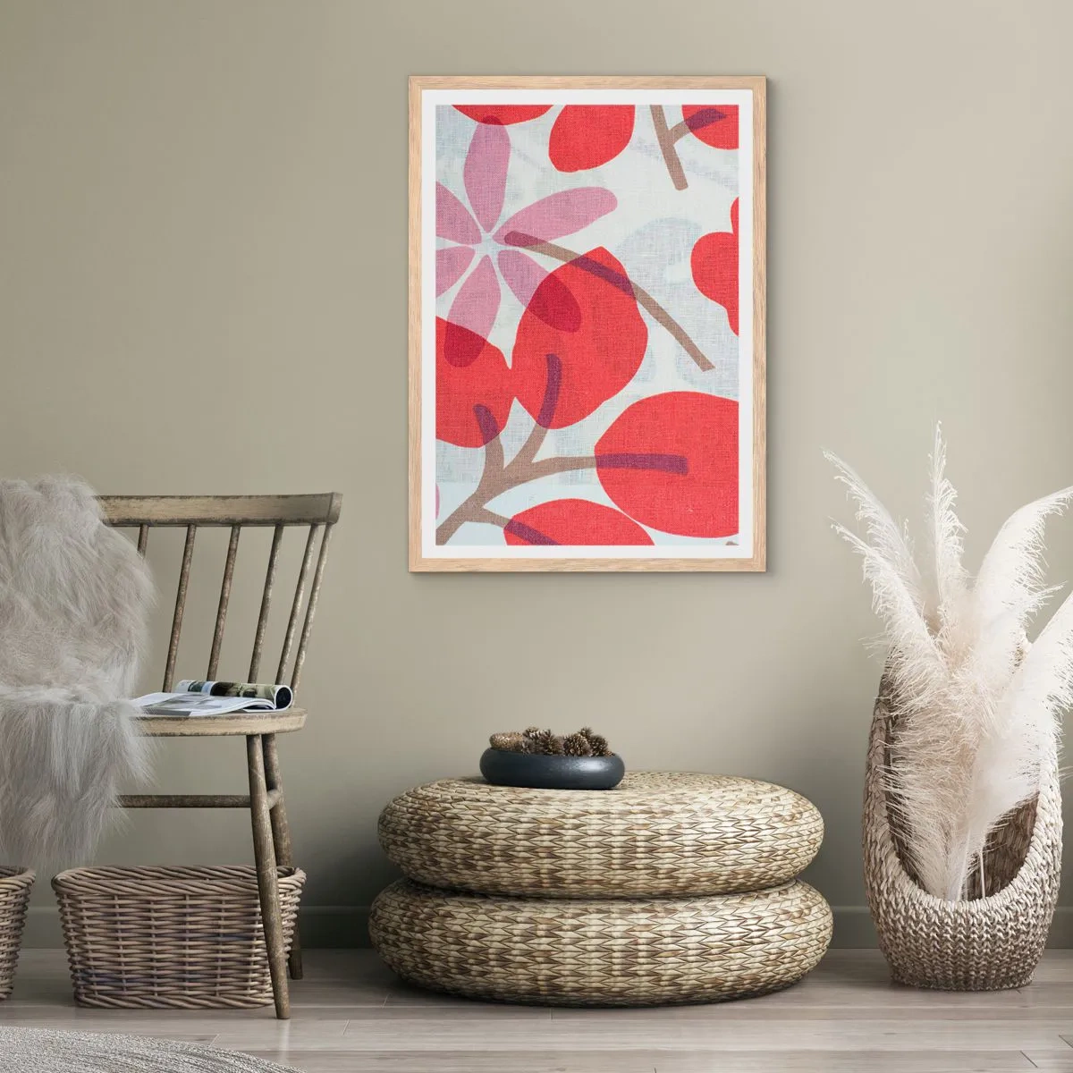 Poster în ramă de stejar deschis - Aranjament floral în roz - 70x100 cm