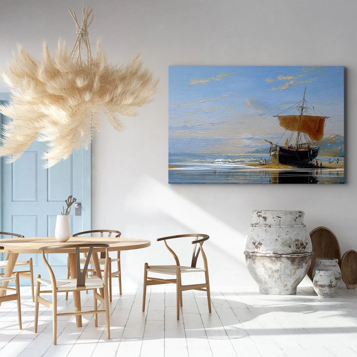 Tablou pe pânză Canvas - O navă pe malul mării într-o zi însorită - 70x50cm - Apă, pământ, aer - Decorațiune modernă pentru perete pentru living și dormitor ARTTOR