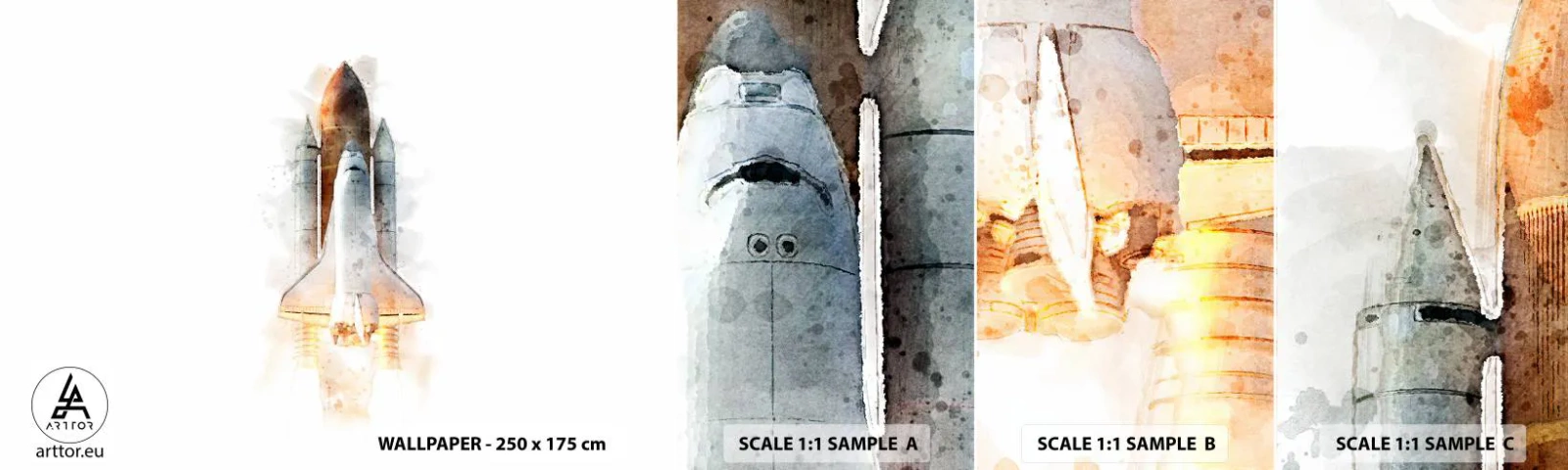 Mostră tapet autocolant Deluxe Sticker - Exploratorii la start - O rachetă spațială, Cosmos, Minimalism - 100x30 cm