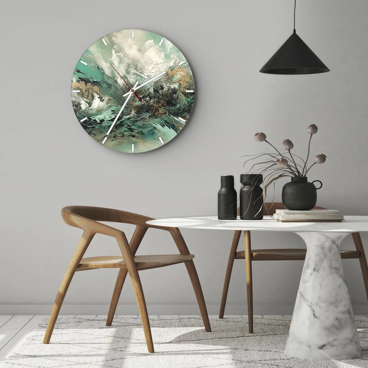 Ceas de perete - Ceas pe sticlă - Abstracție dinamică în verde, alb și auriu - 30x30cm - Fierbere negru-smarald - Decorațiune modernă pentru perete pentru living, bucătărie și dormitor ARTTOR