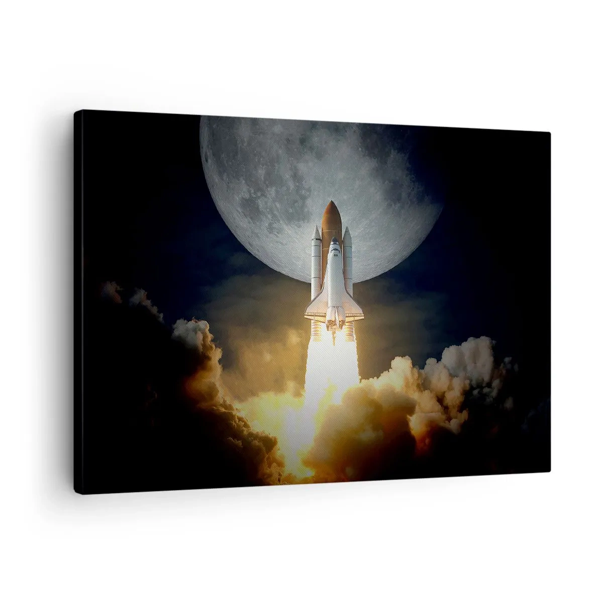 Tablou pe pânză Canvas - O rachetă decolând pe fundalul unei luni pline înconjurată de nori dinamici. - 70x50cm - Începutul unei aventuri nepământene - Decorațiune modernă pentru perete pentru living și dormitor ARTTOR