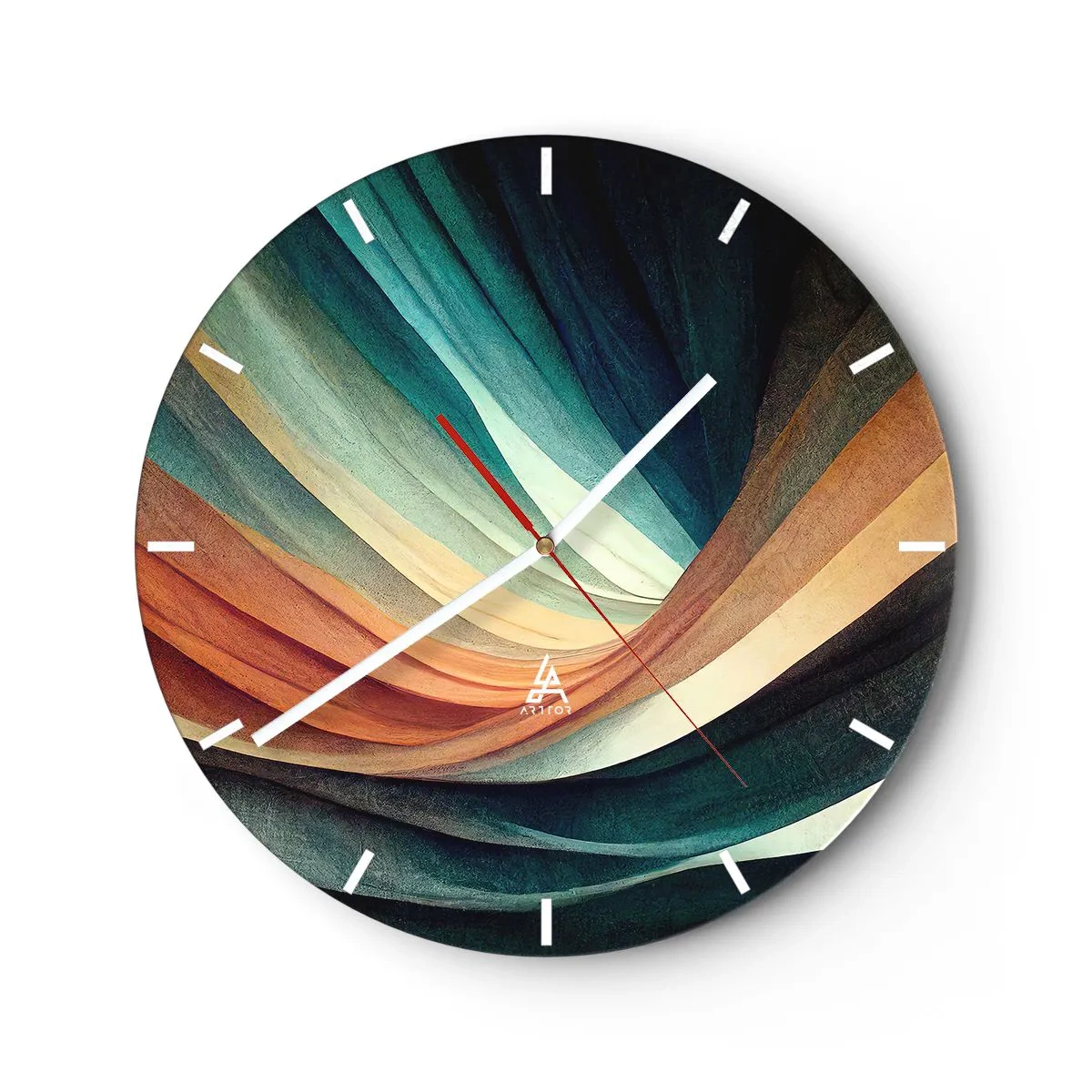 Ceas de perete - Ceas pe sticlă - Straturile ondulate de culoare creează o abstracție a materialului textil - 30x30cm - Țesute din culori - Decorațiune modernă pentru perete pentru living, bucătărie și dormitor ARTTOR