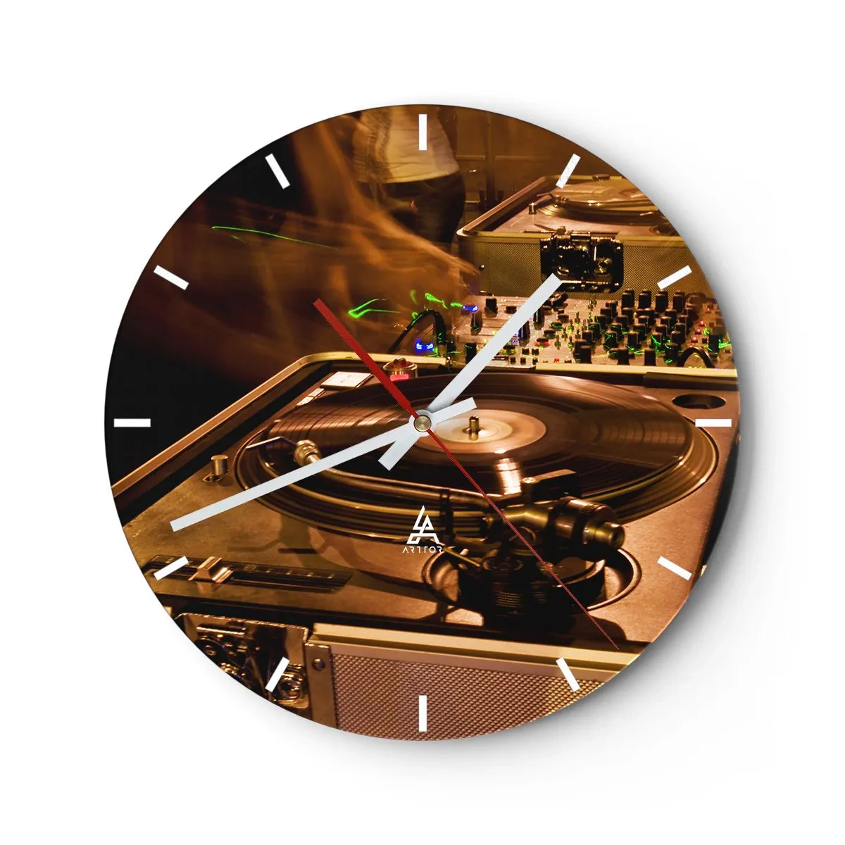 Ceas de perete - Ceas pe sticlă - Platan și mixer pentru DJ cu iluminare dinamică - 30x30cm - Simți această putere? - Decorațiune modernă pentru perete pentru living, bucătărie și dormitor ARTTOR