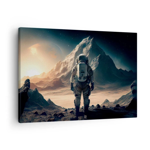 Tablou pe pânză Canvas - Astronautul pe fundalul unor munți maiestuoși - 70x50cm - O nouă provocare - Decorațiune modernă pentru perete pentru living și dormitor ARTTOR