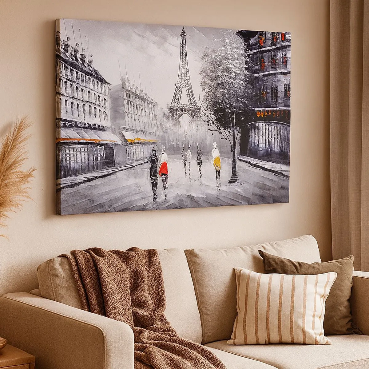 Tablou pe pânză Canvas - O vedere a Turnului Eiffel într-un decor monocromatic cu accente de culoare - 70x50cm - O plimbare pariziană - Decorațiune modernă pentru perete pentru living și dormitor ARTTOR
