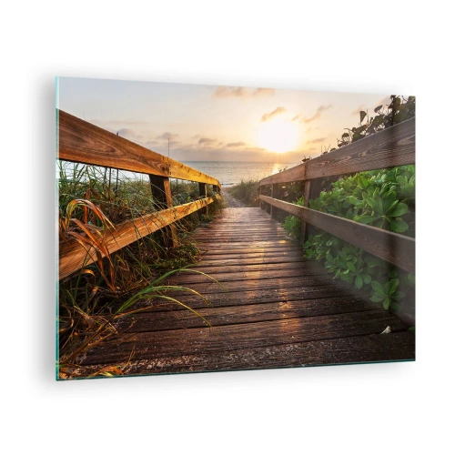Tablou pe sticlă - Pasarelă de lemn care duce la plajă la apus - 70x50cm - Și direct la țărm - Decorațiune modernă pentru perete pentru living și dormitor ARTTOR