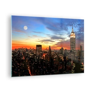 Tablou pe sticlă - Panoramă nocturnă a orașului cu clădiri iluminate - 70x50cm - O noapte americană luminoasă - Decorațiune modernă pentru perete pentru living și dormitor ARTTOR