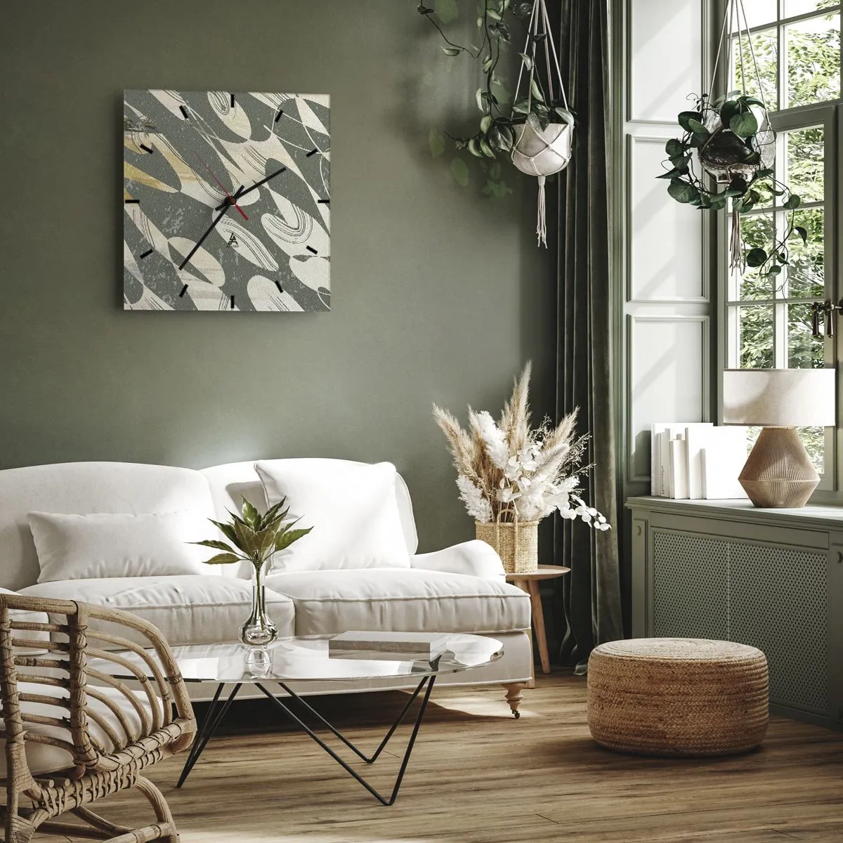 Ceas de perete - Ceas pe sticlă - Abstracție ritmică - 30x30 cm