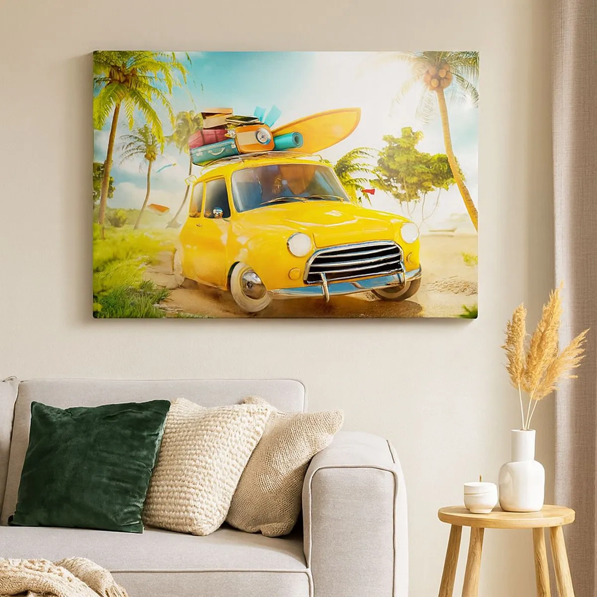 Tablou pe pânză Canvas - O mașină galbenă cu bagaje pe fundalul unui peisaj tropical - 70x50cm - O călătorie pentru mai mult decât un zâmbet - Decorațiune modernă pentru perete pentru living și dormitor ARTTOR