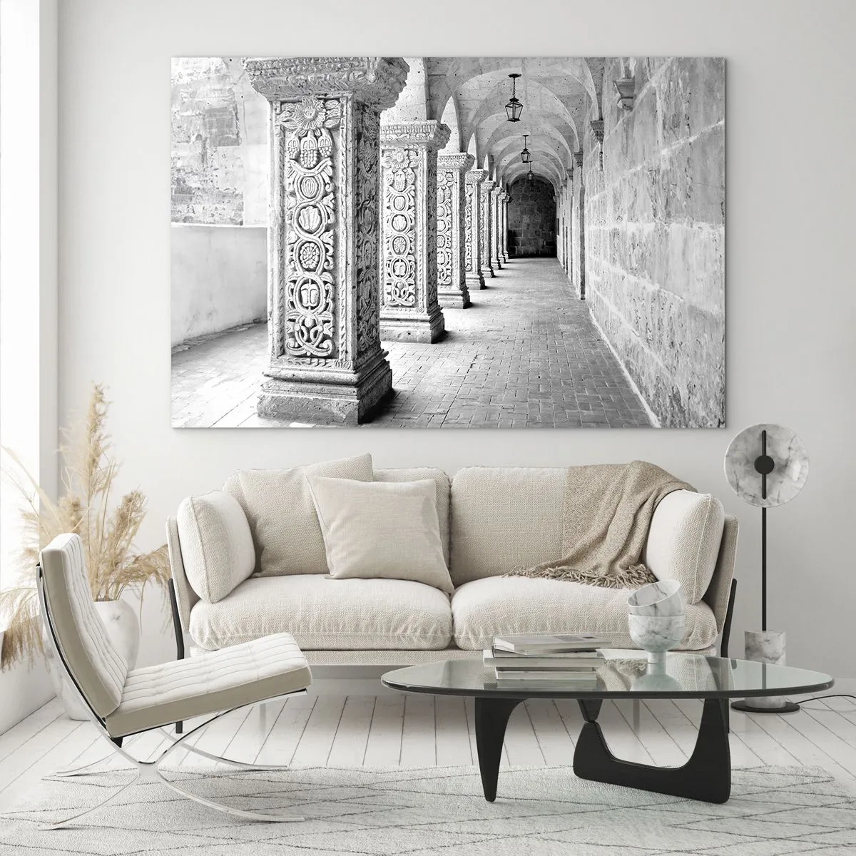 Tablou pe sticlă - Mănăstire istorică cu coloane sculptate - 70x50cm - Și încotro…? - Decorațiune modernă pentru perete pentru living și dormitor ARTTOR