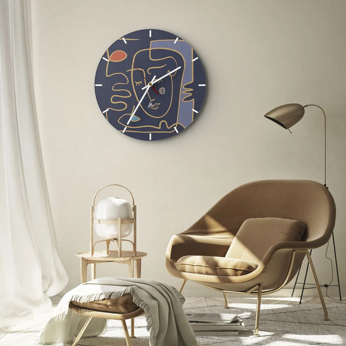 Ceas de perete - Ceas pe sticlă - O față desenată minimalist pe un fundal bleumarin. - 30x30cm - În reverie - Decorațiune modernă pentru perete pentru living, bucătărie și dormitor ARTTOR