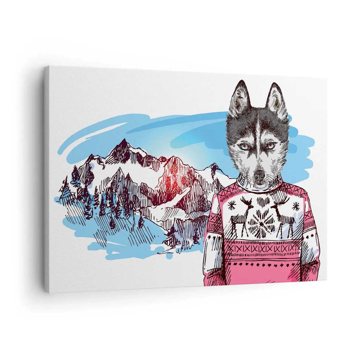 Tablou pe pânză Canvas - Un lup într-un pulover de iarnă pe fundalul unui peisaj montan - 70x50cm - Lupul în lâna de oaie - Decorațiune modernă pentru perete pentru living și dormitor ARTTOR