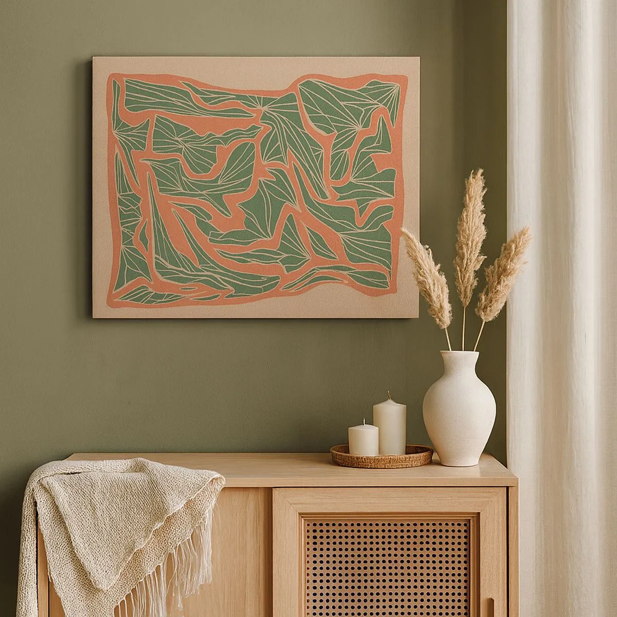 Tablou pe pânză Canvas - Un model vegetal în nuanțe de verde și portocaliu - 70x50cm - Lupta dintre coral și verde - Decorațiune modernă pentru perete pentru living și dormitor ARTTOR