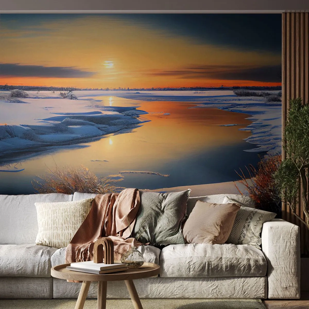 Tapet Standard Eco - Apus de soare pe timp de iarnă - Iarnă, Râu, Peisaj - 350x256 cm