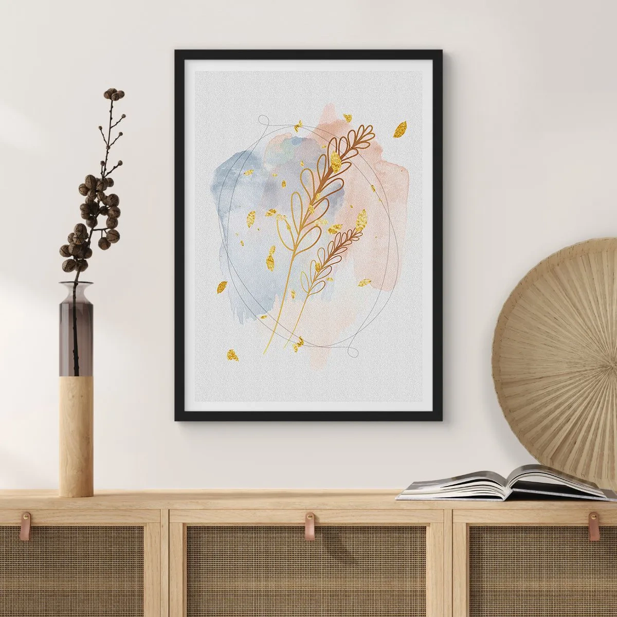 Poster în ramă neagră - compoziție botanică delicată cu detalii aurii - 50x70cm - Suflul de aur - Decorațiune modernă pentru perete pentru living și dormitor ARTTOR