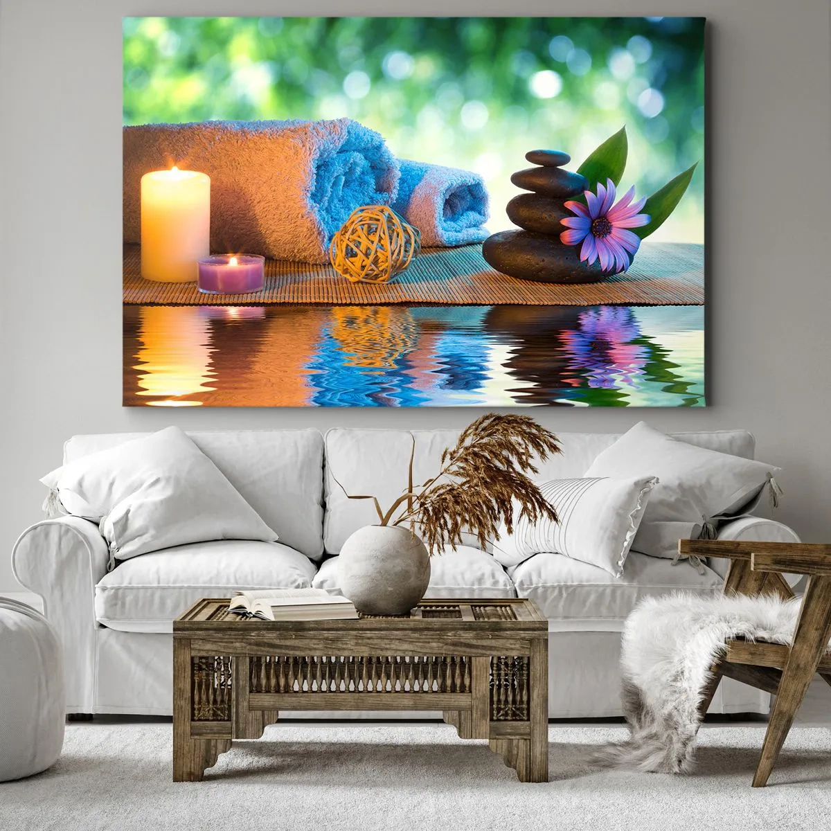 Tablou pe pânză Canvas - Set SPA relaxant cu prosoape, lumânări și pietre - 70x50cm - Timp pentru corp - Decorațiune modernă pentru perete pentru living și dormitor ARTTOR