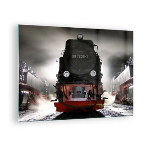 Tablou pe sticlă - O locomotivă cu abur înconjurată de abur și lumină - 70x50cm - Stă și pufuie, geme și suflă... - Decorațiune modernă pentru perete pentru living și dormitor ARTTOR