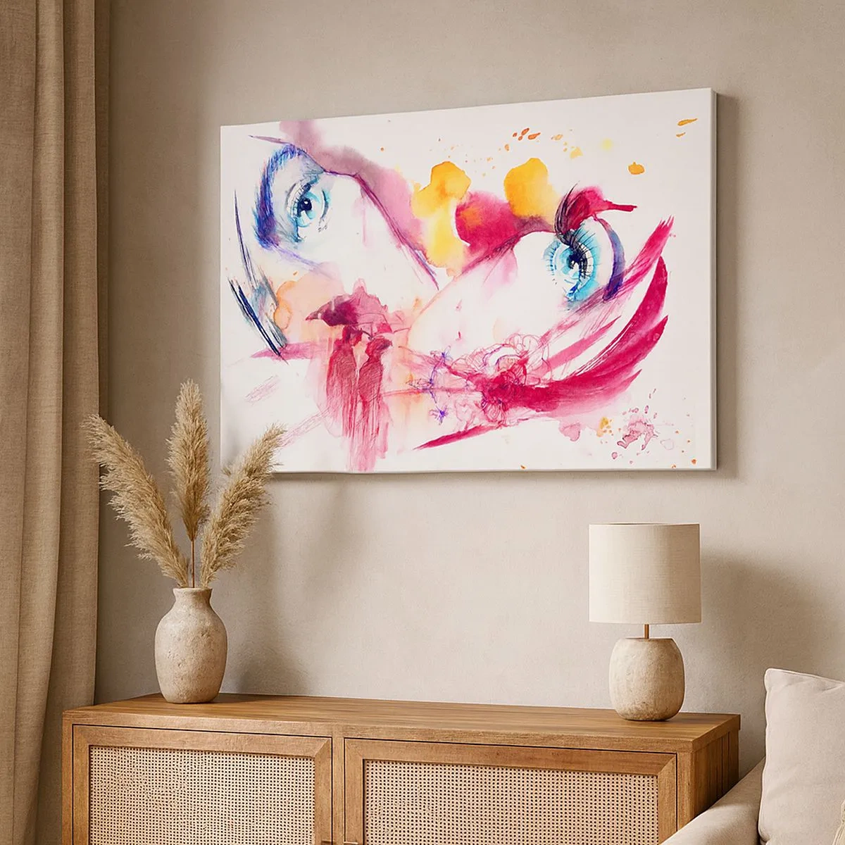 Tablou pe pânză Canvas - O față abstractă cu ochi expresivi și accente roșii. - 70x50cm - În apropiere, lumea înflorește - Decorațiune modernă pentru perete pentru living și dormitor ARTTOR