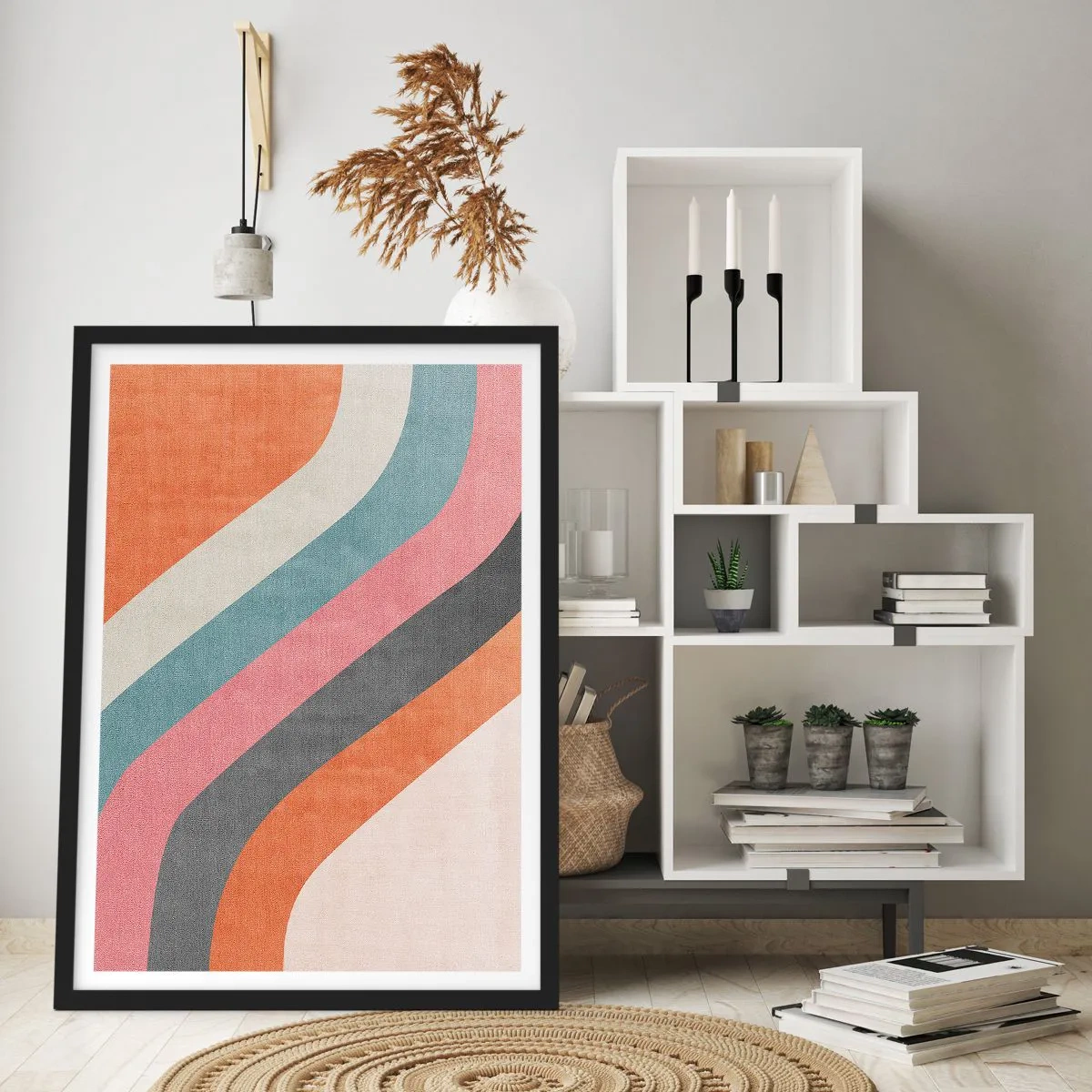 Poster în ramă neagră - Dungi retro geometrice - 50x70cm - Compoziție diagonală - mișcare - Decorațiune modernă pentru perete pentru living și dormitor ARTTOR