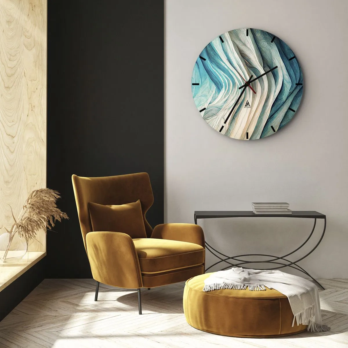 Ceas de perete - Ceas pe sticlă - Valuri organice în nuanțe de albastru, bej și turcoaz - 30x30cm - Insațiabilitate albastră - Decorațiune modernă pentru perete pentru living, bucătărie și dormitor ARTTOR