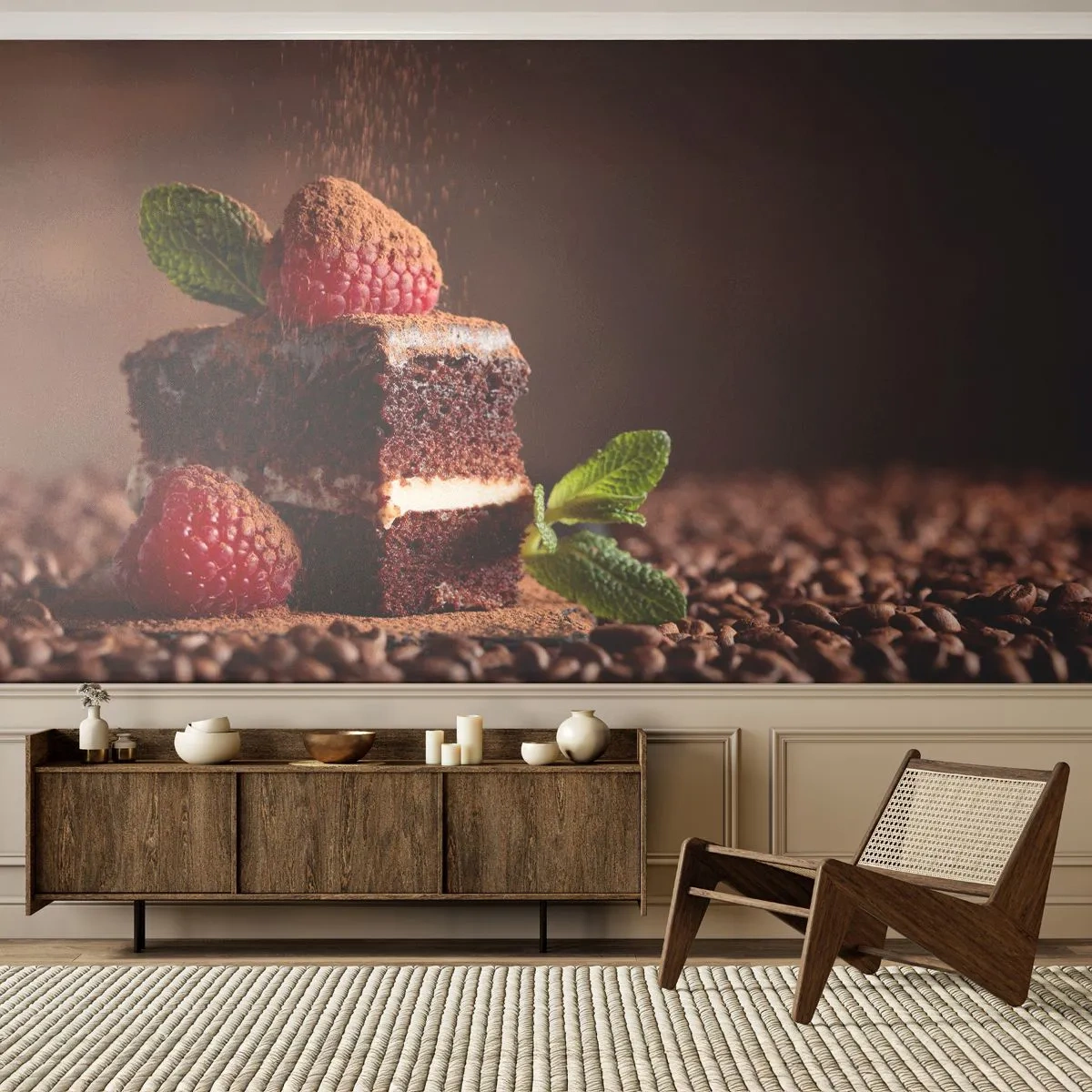 Tapet Standard Eco - O felie de tort de ciocolată cu zmeură și boabe de cafea - 100x70cm - Viața este dulce - Decorațiune modernă pentru perete pentru living și dormitor ARTTOR