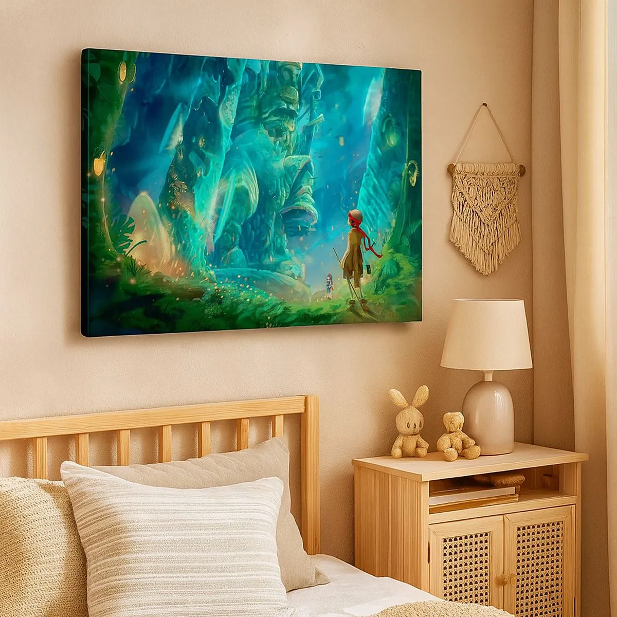Tablou pe pânză Canvas - Pădure magică cu un personaj explorator - 70x50cm - Din Marea Carte a Basmelor - Decorațiune modernă pentru perete pentru living și dormitor ARTTOR