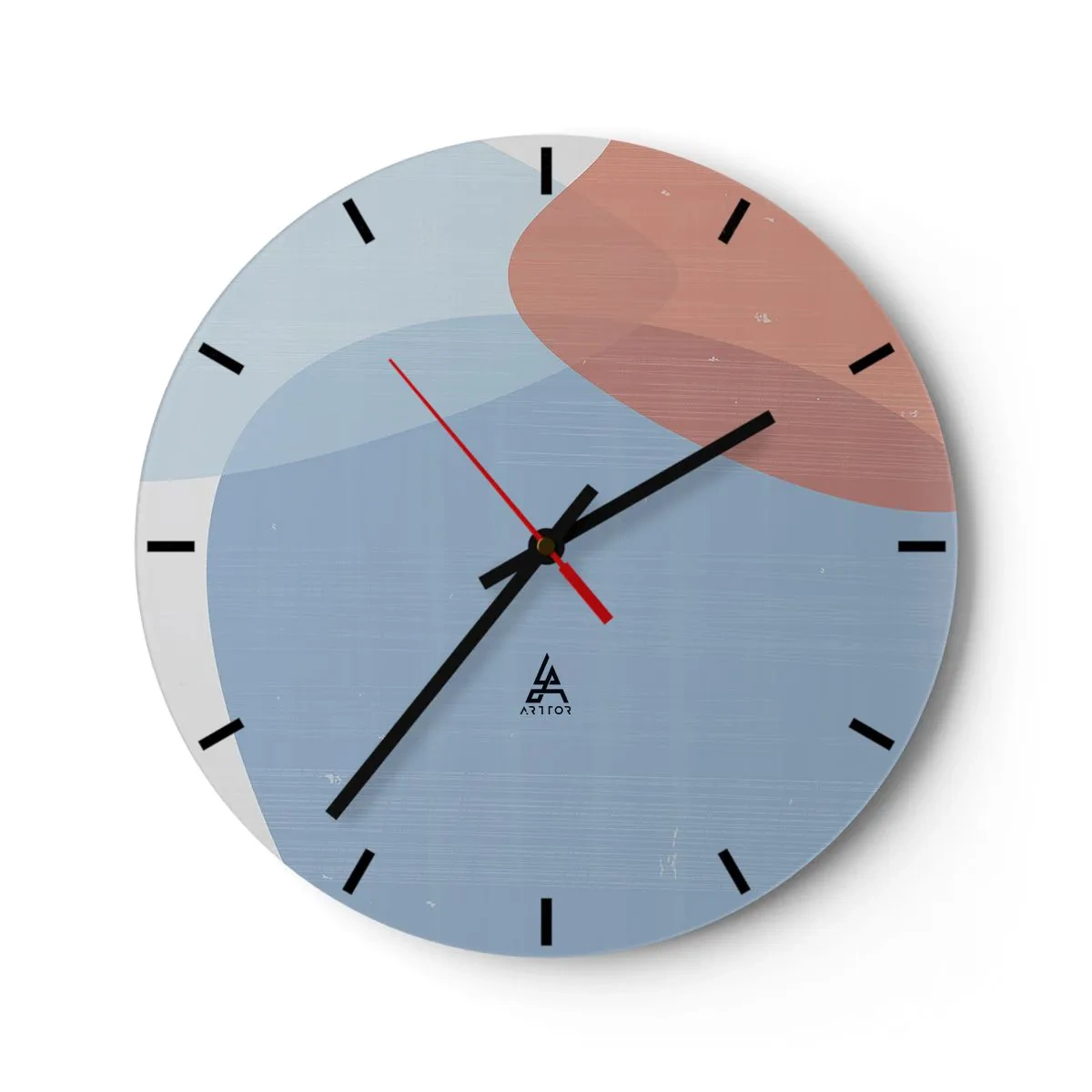 Ceas de perete - Ceas pe sticlă - O formă abstractă în albastru și teracotă pe un fundal deschis. - 30x30cm - Relații pastelate - Decorațiune modernă pentru perete pentru living, bucătărie și dormitor ARTTOR