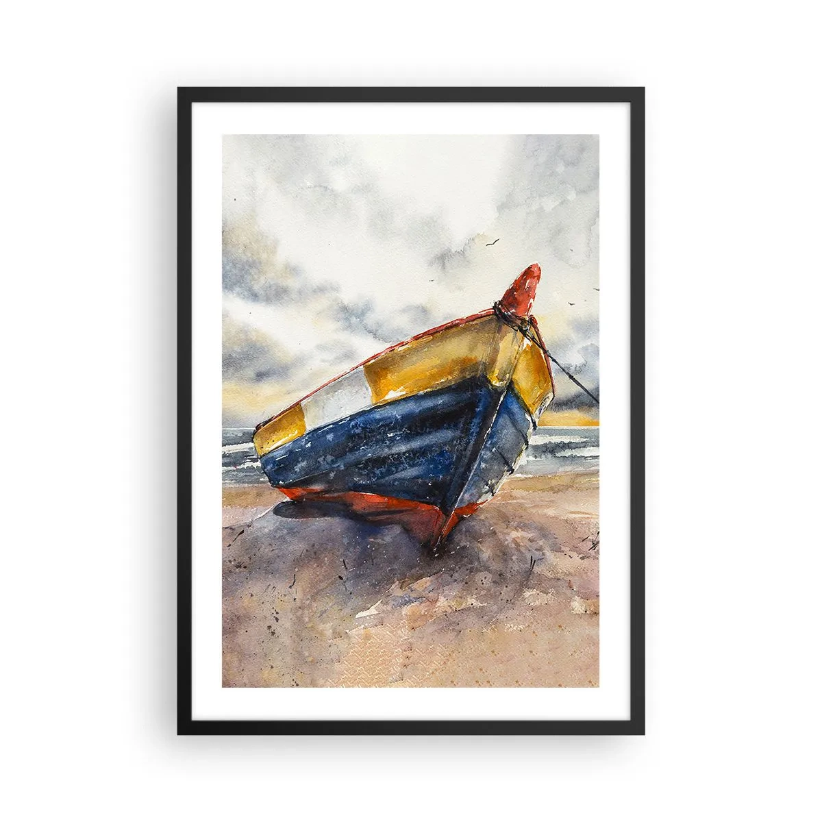 Poster în ramă neagră - Barcă în acuarelă pe plajă la apus - 50x70cm - Se odihnește pe țărm - Decorațiune modernă pentru perete pentru living și dormitor ARTTOR