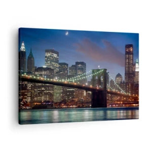 Tablou pe pânză Canvas - Podul orașului New York noaptea cu clădiri iluminate - 70x50cm - Noaptea iluminată - Decorațiune modernă pentru perete pentru living și dormitor ARTTOR