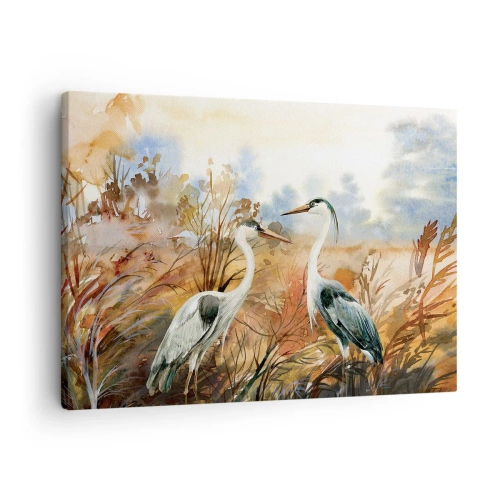 Tablou pe pânză Canvas - Doi stârci pe fundalul unui peisaj de toamnă - 70x50cm - Încotro în toamnă? - Decorațiune modernă pentru perete pentru living și dormitor ARTTOR