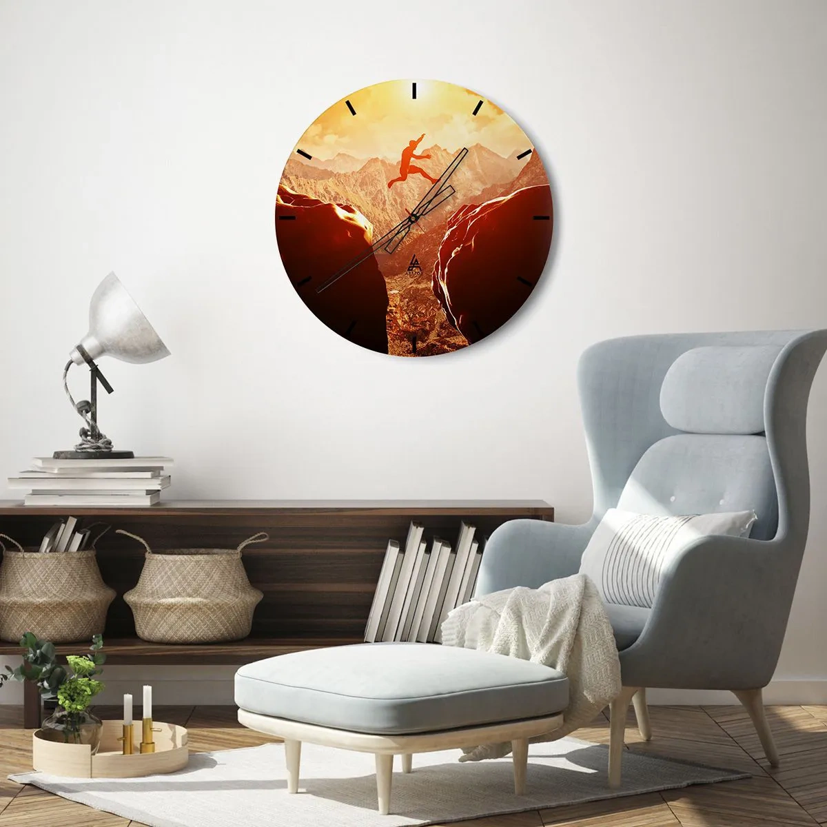 Ceas de perete - Ceas pe sticlă - Sărind peste o prăpastie în munți - 30x30cm - Trecând frontierele - Decorațiune modernă pentru perete pentru living, bucătărie și dormitor ARTTOR