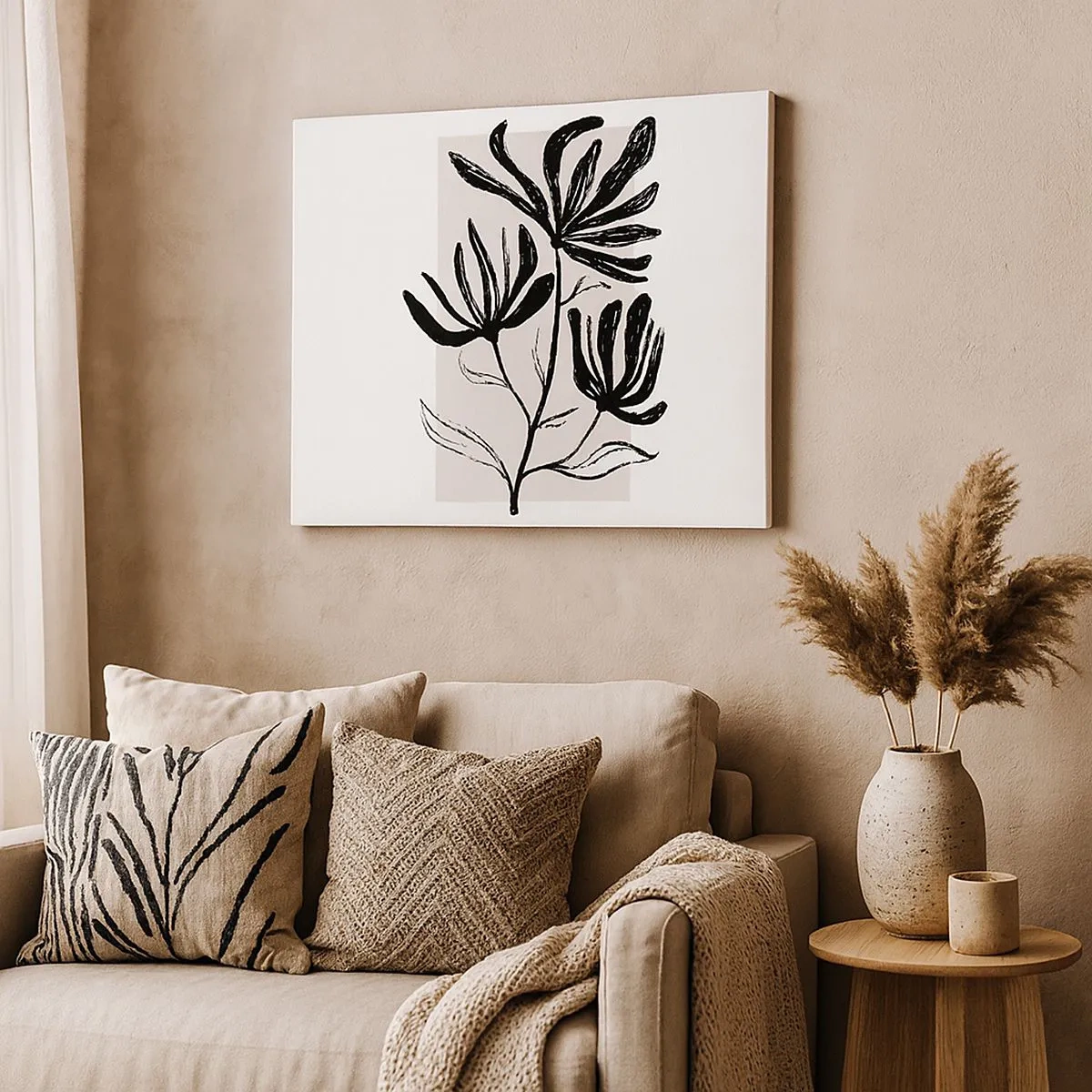 Tablou pe pânză Canvas - Motiv floral minimalist alb-negru - 70x50cm - Schiță pentru ierbar - Decorațiune modernă pentru perete pentru living și dormitor ARTTOR