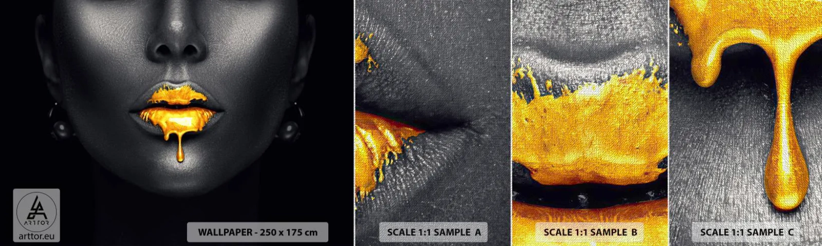 Mostră tapet Premium Canvas - Buzele de aur - Abstracția, Gura de femeie, Chipul de femeie - 100x30 cm