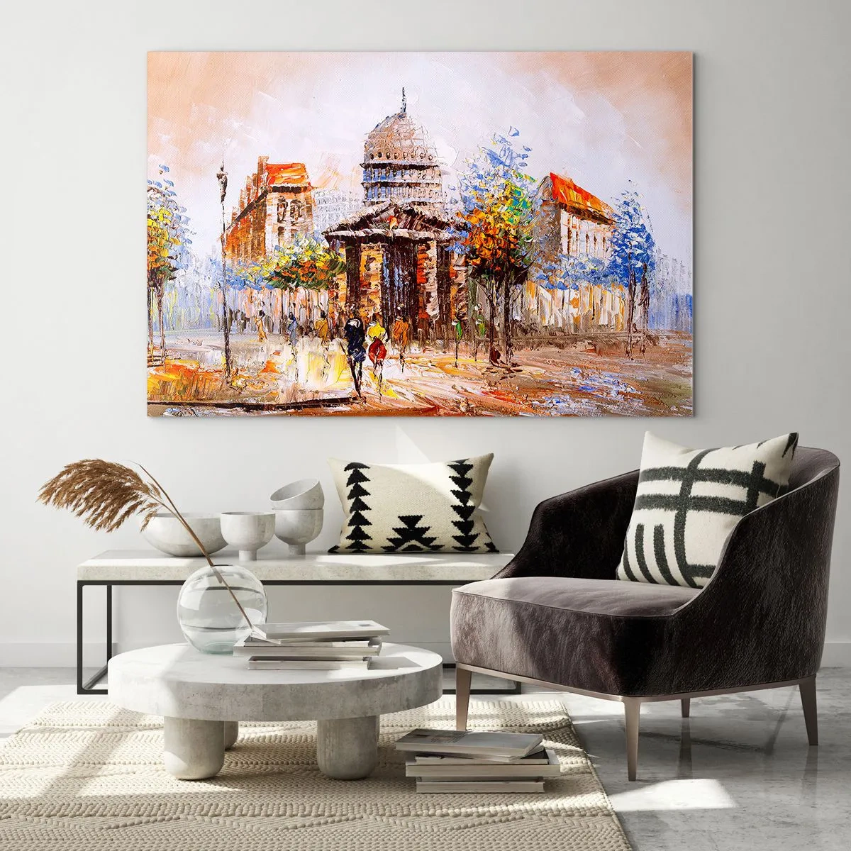 Tablou pe sticlă - O stradă pitorească a orașului, cu o clădire istorică în fundal - 70x50cm - O plimbare pariziană - Decorațiune modernă pentru perete pentru living și dormitor ARTTOR