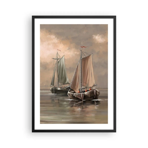Poster în ramă neagră - Bărci cu pânze pe o mare calmă în culori pastelate - 50x70cm - Întoarcerea marinarilor - Decorațiune modernă pentru perete pentru living și dormitor ARTTOR