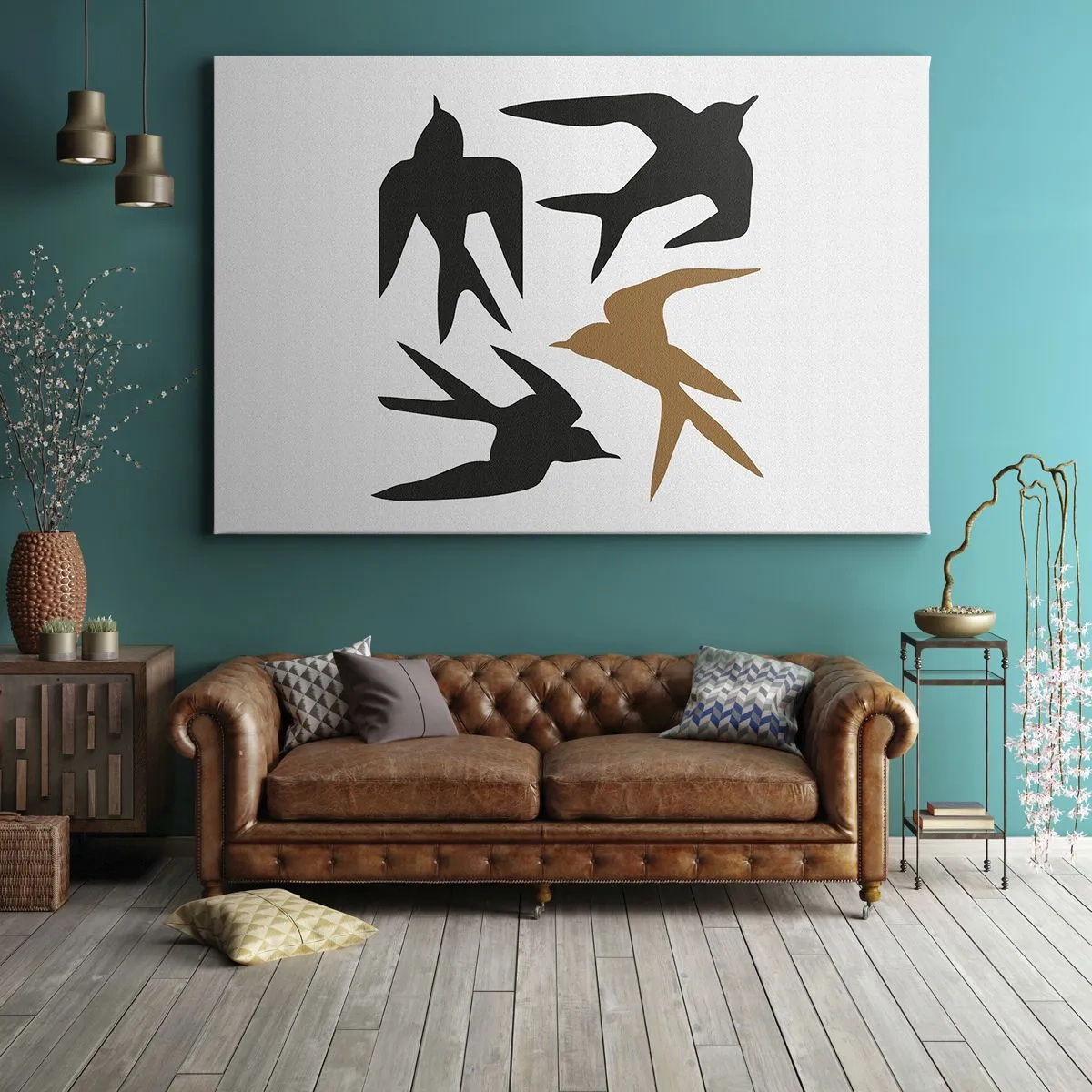 Tablou pe pânză Canvas - Siluete de rândunele în negru și auriu - 70x50cm - Jocurile rândunelelor - Decorațiune modernă pentru perete pentru living și dormitor ARTTOR