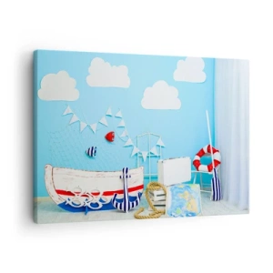 Tablou pe pânză Canvas - Decor nautic cu o barcă și accesorii pe un fundal albastru - 70x50cm - Dorința copilărească de aventură - Decorațiune modernă pentru perete pentru living și dormitor ARTTOR