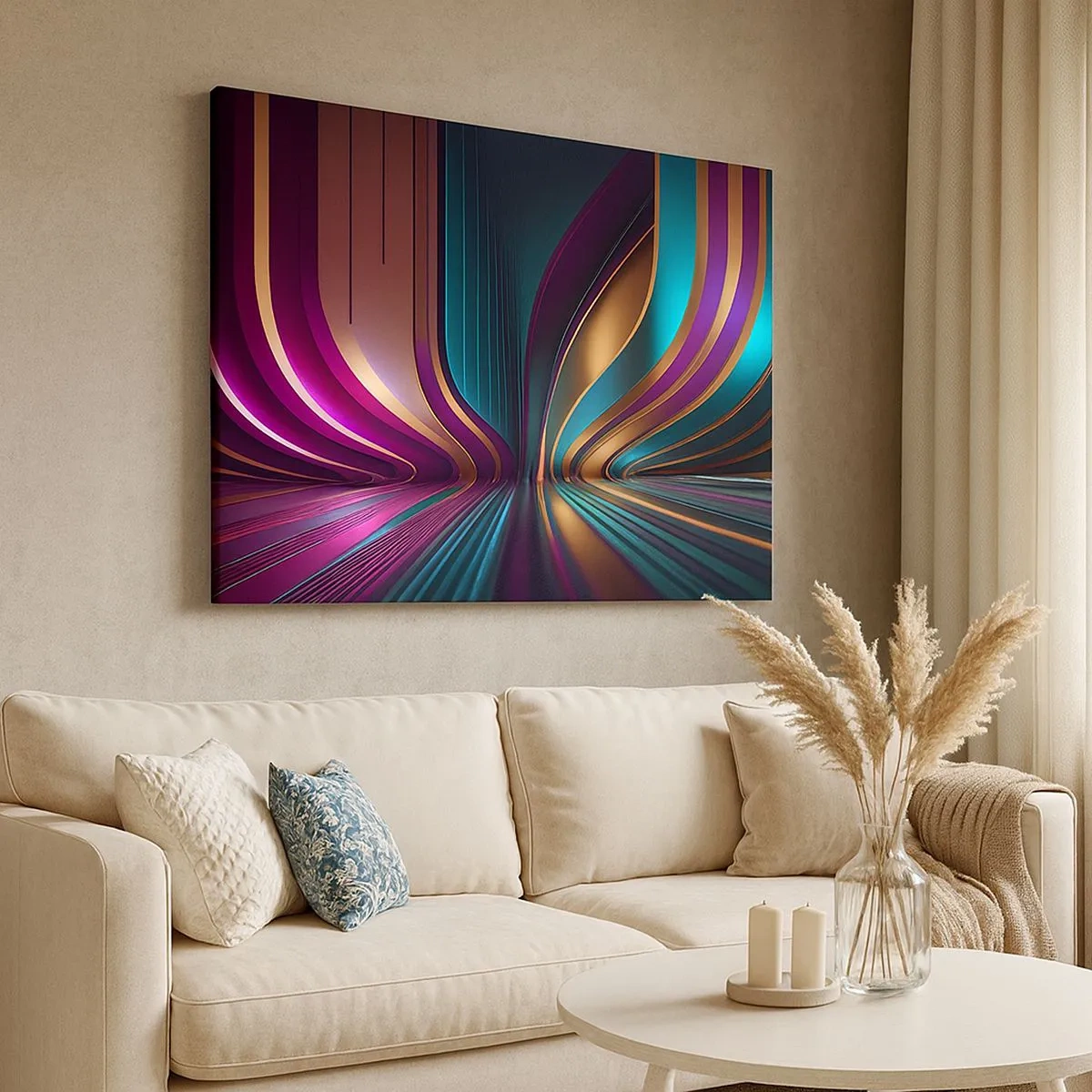 Tablou pe pânză Canvas - Abstracție futuristă cu culori și curbe intense - 70x50cm - Arhitectură de lumină - Decorațiune modernă pentru perete pentru living și dormitor ARTTOR