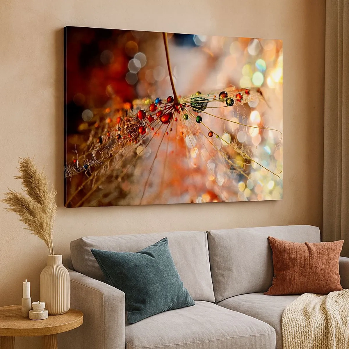 Tablou pe pânză Canvas - Fotografie macro a unei picături de apă pe o plantă delicată - 70x50cm - Înfipt pe pânza de păianjen - Decorațiune modernă pentru perete pentru living și dormitor ARTTOR