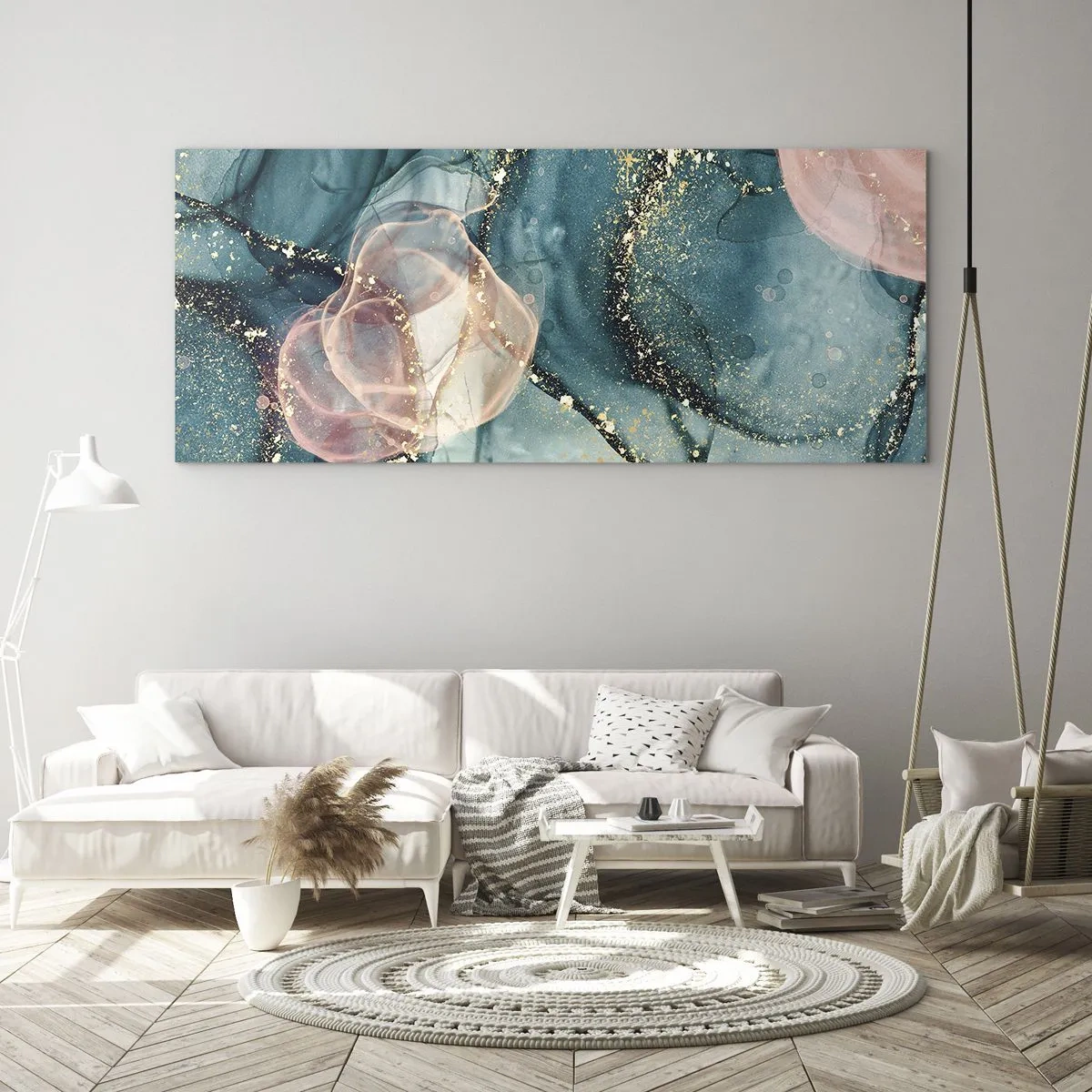 Tablou pe sticlă - Mătase albastră, tul roz - 100x40 cm